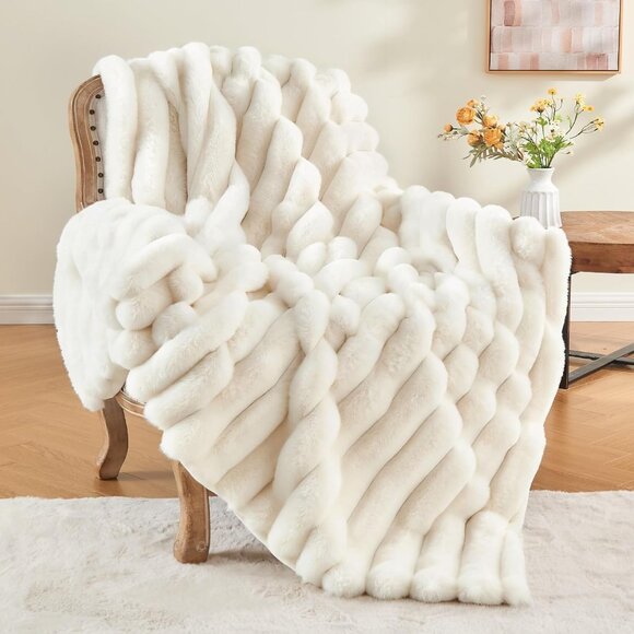 Other - Faux Fur Throw Blanket for Couch, Soft and Cozy Luxurious 3D Striped Fluffy Blan
